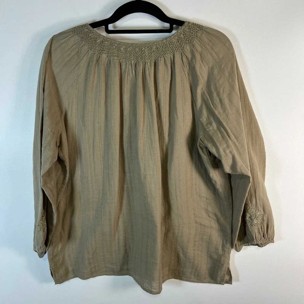 Denim & Supply Ralph Lauren Khaki Green Embroidered Cotton Peasant Blouse Large - Picture 8 of 9